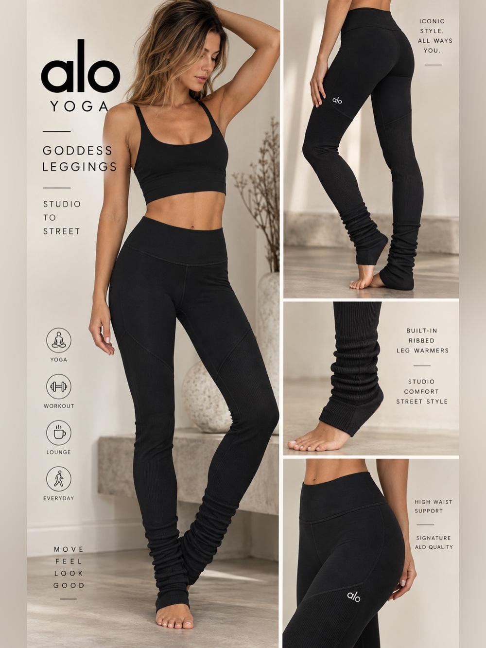 ALO | Yoga | Black | Medium | Goddess High-Rise Leggings | Ribbed Leg Warmers 🖤
